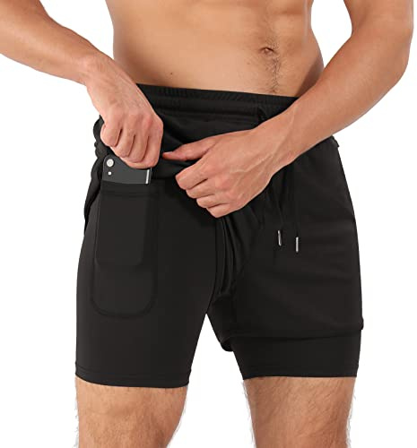 Superora löparshorts för män, kompressionsshorts, gym, fitness, träning, 2-i-1 shorts med telefonficka och blixtlåsfickor, Svart, L