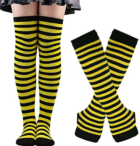 Thajaling dam randiga knästrumpor, overknee strumpor, dam thigh highs fingerlösa handskar knähöga strumpor set, randiga långa strumpor hål vantar, Gul/svart, one size