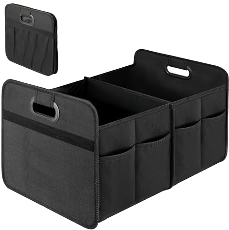 Simple Deluxe Car Trunk Organizer, 2 Compartments Collapsible Trunk Storage, Anti-slip Design, Made of Waterproof 600D Oxford Polyester, Suitable for SUV, Minivan, Truck, Standard Size, Black
