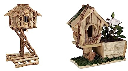 Relaxdays Vogelhaus stehend & Holz Pflanzgefäß, mit Deko Vogelhaus, Rinde & Moos, eckiger Übertopf, Fensterbank, innen & außen, Natur/grün, 10037652, 1 Stück