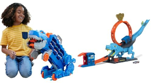 Hot Wheels 2:1 Transporter zu T-Rex mit inkl. Autorennbahn, mit Beleuchtung und Geräuschen & Autorennbahn T-Rex Angriff, Geschicklichkeitsspiel durch genaues Timing und Zielen