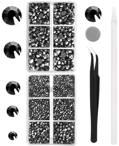 YHMQ DU 6616 Stück Glänzende Schwarze Hotfix-Strasssteine | Perfekt für Kleidung, Schuhe, Taschen, Becher und Bastelideen. Inklusive Pinzette und Picking-Stift für präzises Arbeiten