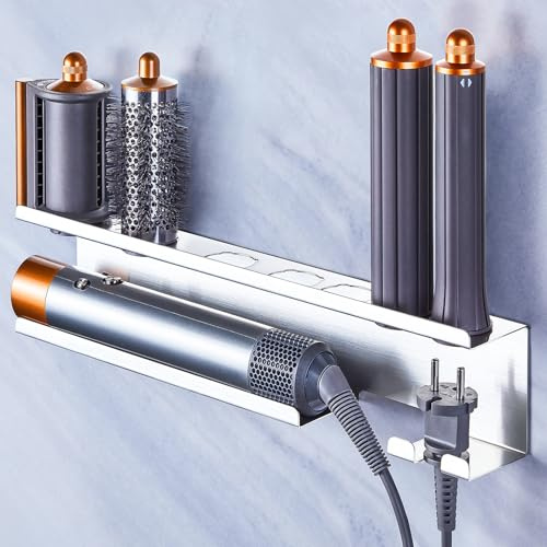 GGQ Föhnhalter Ohne Bohren Wand, Föhn und Glätteisen Halterung, Lockenstab Halterung, Edelstahl Silber Föhn Halterung Wandhalterung, Bad Haartrockner Aufbewahrung Lockenstab Halter