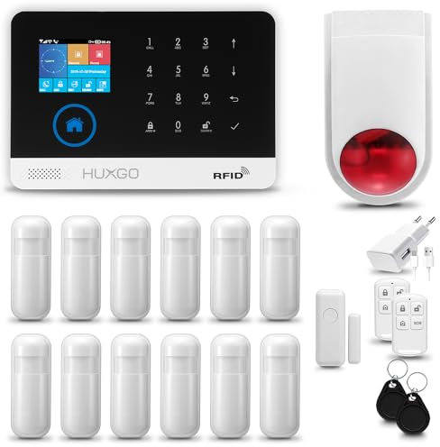HUXGO® HXA003 Sistema di allarme casa senza fili con radio Sirena solare WiFi + GSM | Impianto allarme casa kit con 1x sensori di allarme per finestre/portes, 12x rilevatori di movimento