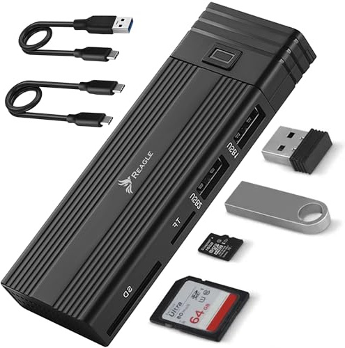 Reagle Carcasa para M.2 NVMe/SATA SSD, USB 3.2 Gen 2 Hub con 2 x USB-A, lector de tarjetas SD/microSD, aluminio, Plug & Play, hasta 10 Gbps, compatible con Windows, Mac OS, Android