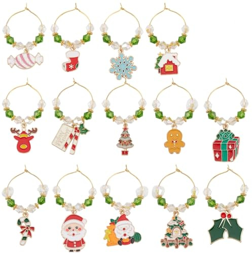 SUNNYCLUE 1 Box 14Pcs Enamel Christmas Wine Glass Charms Glass Identifiers Alloy Metal Winter Santa Claus Identification Drink Markers Tags for Gathering Wedding Gift Holiday Party Favor Drinks Decor