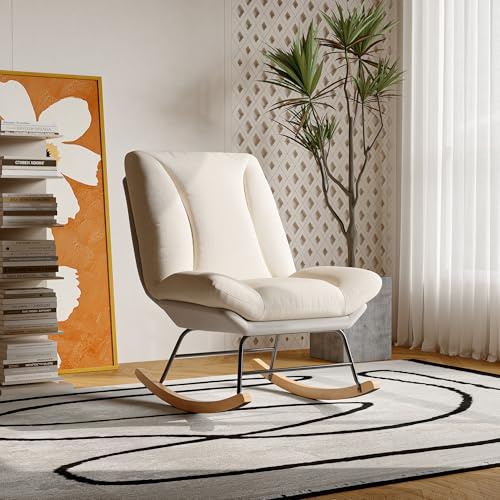 Lazyspace Schaukelstuhl, Ruhesessel mit Verstellbarer Extra Langer Rückenlehne, Schaukelliege Relaxstuhl, Stillsessel Schaukelstuhl Holz für Wohnzimmer Schlafzimmer, Beige 74 x 90 x 100 cm