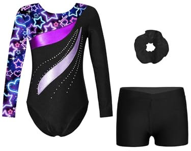 TTAO Mädchen Gymnastikanzug Turnanzug Turnshorts Haarband Set Kinder Turnen Trikot Ballettanzug Tanzen Kleidung Wettbewerb Tanzkostüm Sternenklares Schwarz 122-128