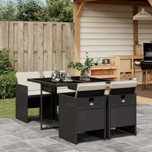 Gecheer 5-TLG. Garten Essgruppe 4 Personen, Rattan Gartenmöbel Set, Sitzgruppe Garten Lounge 4 Stühle mit Tisch, Balkon Möbel, Terrassenmöbel Set, Gartengarnitur Sitzgarnitur, Kissen, Schwarz