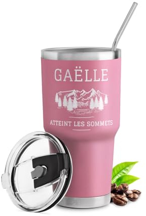 Maverton Mug Isotherme Personnalisable Rose en Acier Inoxydable 800 ml | Gobelet Isotherme avec Paille et Boîte Cadeau, avec brosse de nettoyage, Cadeau Femme Anniversaire Sommets