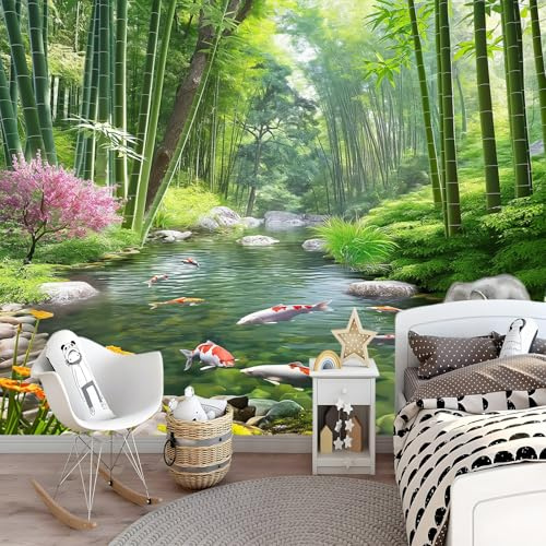 Papel Pintado Bambú sereno con flores Mural Verde Fotomurales Papel de Pared Adecuado para papel tapiz mural de pared de fondo de TV corrector de habitación de niños 250 x 175 cm