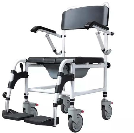 Chaise de douche roulante, chaises percées de chevet, chaise percée de transport avec 4 roues silencieuses verrouillables, toilettes portables, fauteuil roulant de douche pour adultes, personnes