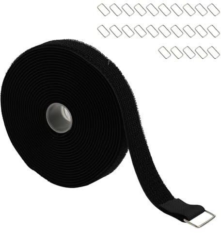 Sujetacables Reutilizables de 5m x 2.5cm con 25 Hebillas Ajustables, Cinta para Corte libre, Bridas Negras para Organización de Cables, Ataduras de Cable de Longitud de Corte Libre, Negro