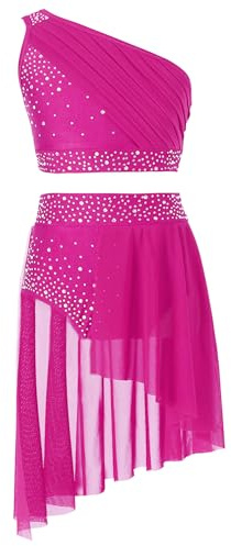 JEATHA Flicka tvådelad balett danskläder en axel crop toppar med kjol jazz lyrical dancewear gymnastik dans kostymer, Het rosa, 170