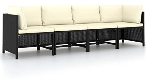 Myheimly 4-Sitzer-Gartensofa mit Auflagen Schwarz Poly Rattan