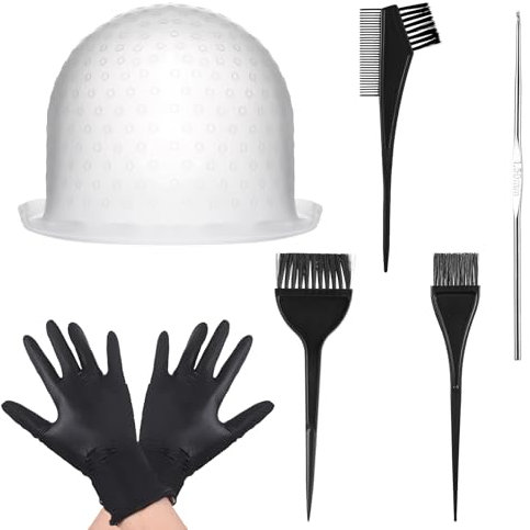 Yuanchu Silicone Highlight Hair Cap with Hair Coloring Brushes, Needle and Gloves Highlighting Frosting Cap Professional Salon Silicone Dyeing Staining Hairdressing Tools 7PCS