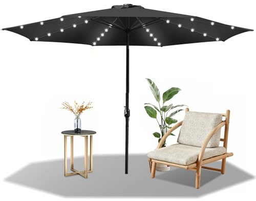 Fiqops Sonnenschirm LED Solar Ø 270 cm Grau mit Kurbel | Ampelschirm Gartenschirm Sonnenschutz 30° knickbar UV Schutz 50+, Kurbelschirm Marktschirm wasserdicht für Garten, ohne Ständer