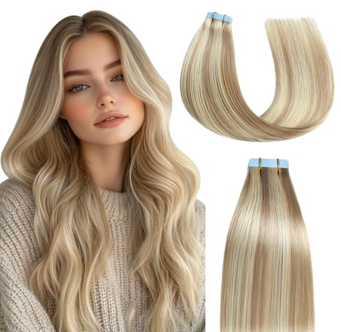 MissMe Tape Extensions Echthaar Remy Haarverlängerung Echthaar 40cm Asch blond mit Bleich blond #P18/613 Invisible Tape in Extensions Echthaar 40g 20 Stück 14 Zoll Tape Ins Natürlich Erweiterungen