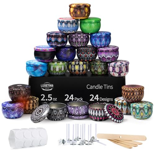 Luxetins 24 Stück Basteldosen mit Mandala-Design (24 Motive) - Komplettset mit Deckel, Dochten, Haltern & Aufklebern (24 x 120ml)