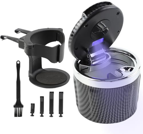 Geoyien Posacenere Auto, Portacenere per Auto, Antiodore, con Supporto e Spazzola di Pulizia, Luce LED Automatica, Batteria Sostituibile, Sigillato, Ignifugo, Grande Capacità (Argento)