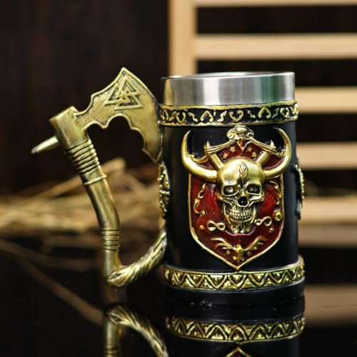 Ysislybin Chope à Bière Viking Tomahawk, Chope Viking, Tasse à Café Viking Axe en Acier Inoxydable, Chope Médiévale Crâne 600 ml, Cadeaux de Style Vintage pour Hommes Papa Mari Petit Ami