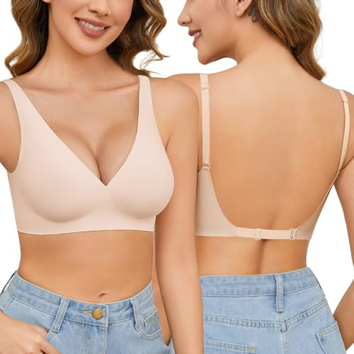 Yusongirl Seamless Low Back Bra Wireless Padded Bralette Thin Straps Comfort V Neck Halter Backless Cross Multiway Convertible Bras(Beige,S)