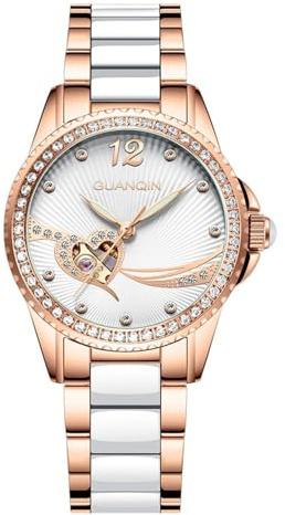 Guanqin Montre squelette automatique pour femme avec strass - Double face - Creux - Étanche - Vintage - Acier et céramique - Bracelet en cuir, Gqgj16121 Rose Blanc, Classique