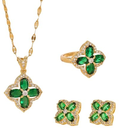 Auriselle Strass Schmucksets Damen, 3-Teiliges Braut Vierblättriges Kleeblatt Anhänger Halskette Ring Ohrring Smaragdgrünen Strasssteinen Glänzend Jewelry Titan-Stahl Ketten Verstellbare Länge Golden