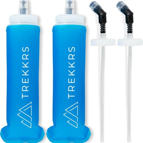 Trekkrs 2 Pack Soft Flask Water Bottles - 500 ml | Leakproof Design, Soft, Foldable Running Water Bottle, Running Hydration Bladder Pouch, 4 Lids & Cleaning Sachets