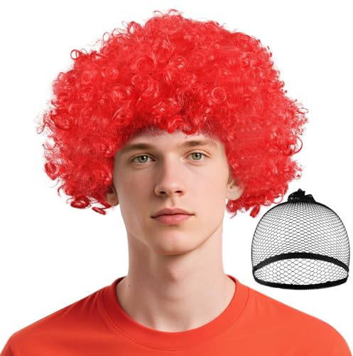 BSBUY Afroperücke Herren Lockenperücke Disco Clownperücke Rot