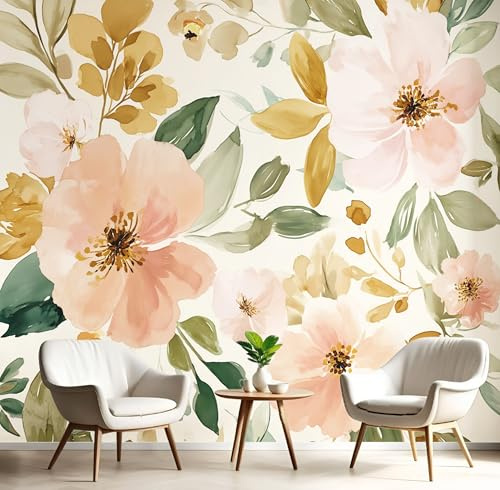 Carta Da Parati Murale 3D Rosso Dorato Fiori Ad Acquerello Soggiorno Camera Ufficio Letto Sfondo Decorazione Muro Poster Gigante Adesivo Piante Impressioniste Artistico Pittura Su Seta,150X105Cm