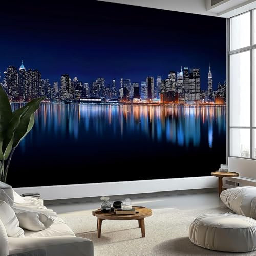 Fotomurales Decorativos Nueva York Papel Pintado 430x300 cm 3D Mural Vista Nocturna de Nueva York Murales Póster Pared No Tejido Dormitorio Salón Paredes Decoración Fotomural Panorámico q.5080