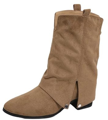 Generisch Botines de moda con abertura lateral de media pantorrilla media, botas cómodas con tacón grueso para ropa casual en invierno, caqui, 40 EU