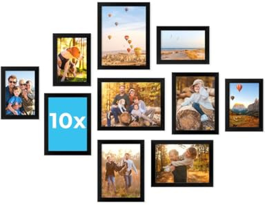 PHOTOLINI Schwarze Bilderrahmen Set verschiedene Größen, Bilderrahmen Collage 10 Rahmen, Bilderrahmen-Set Schwarz Holz MDF, Aufstellen & Aufhängen, Acrylglas, photo frames for wall 10x15, 13x18, 15x20
