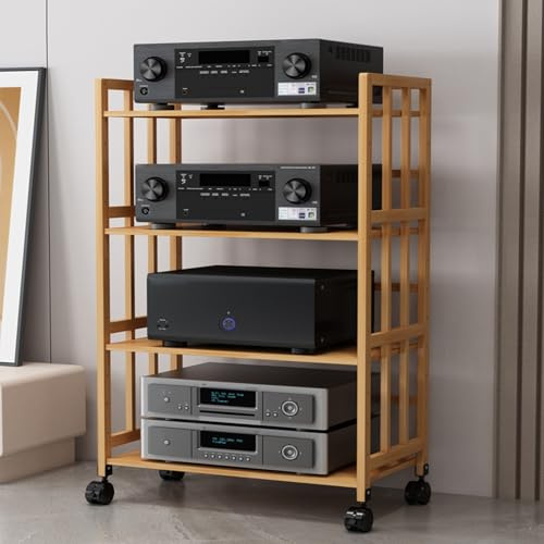 Isoleringsställ för Hifi-Ljud, Vibrationsfritt Stereo Stativ med Hyllor i Härdat Glas och Stolpar i Massivt trä, Dämpningsspikar i Metall för Hi-Fi-Utrustning(Black,1-tier)