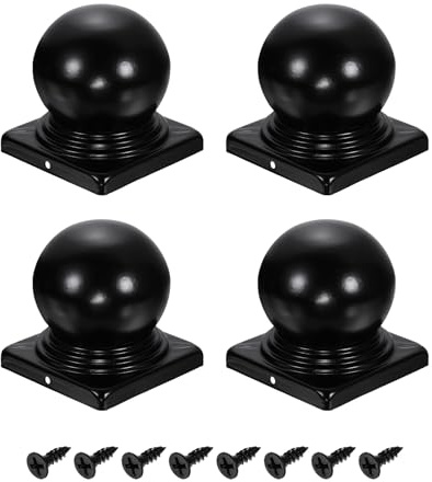 sourcing map 4Pcs Fence Post Caps, 100mm/3.94In Iron Post Cap Cover Black | Square,Waterproof,Ball Top Dome,with Screw Fit for Outdoor Metal Wood Fence Deck Mailbox Patio