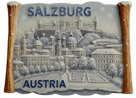 Kühlschrankmagnet Souvenir – Salzburg Austria Motiv (Altstadt & Festung, Winter-Design), 3D Magnet – Reiseandenken Mitbringsel & Geschenkidee