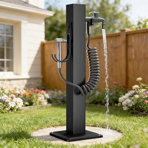 Edelstahl Garten Wassersäule mit Wasserhahn, Verzinkte Eckige Wasserzapfstelle, Mit Herausziehbarer Wasserleitung, Zwei Installationsmethoden, Schwarz Außen Wasserzapfsäule (95cm)