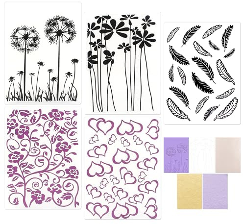 YiiHHooN Cartelle Embossing 3D, 5 Pezzi Cartella Embossing 3D per Creazione di Biglietti, 5 Stili Fiore Cuore Trasparente Plastica Embossing Folder per Scrapbooking e Card Making