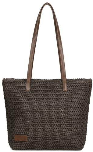 Woodland Leathers Women's Straw Shoulder Bag, Medium & Large Summer Beach Tote with Zipper, Durable Leather Handles, Women Holiday Shoulder Bag with Versatile Styles and Colours (Brown)