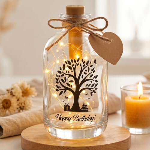 BBTO Regalos de Dinero Luz LED Botella con Texto Botella Decorativa Iluminada Regalo Embalaje de Dinero(Árbol de Vida Happy Birthday)