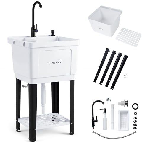 COSTWAY Fregadero Utilitario de Plástico con Patas Metálicas | Fregadero Portatil con Grifo Giratorio 360°, Dispensador de Jabón, Jabonera y Estante, para Cocina Lavandería Garaje Jardín
