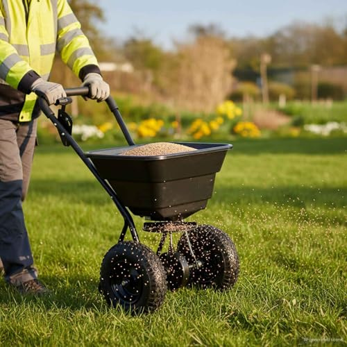 Runheo Esparcidor negro de PVC y acero 53 x 81,5 x 78 cm, esparcidor de mano y abono para jardín, patio, acera, bancal, ideal para sembrar, fertilizar, distribuir, esparcir semillas de césped y sal de