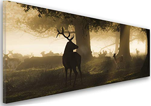 Feeby Bilder Hirsch Wald Wiese XXL 150x50 cm 1 Teilig Wohnzimmer Schlafzimmer Büro Flur Küche Modern Bild auf Leinwand Wanddekoration Kunstdruck Design Tiere Natur Baum Landschaft Braun