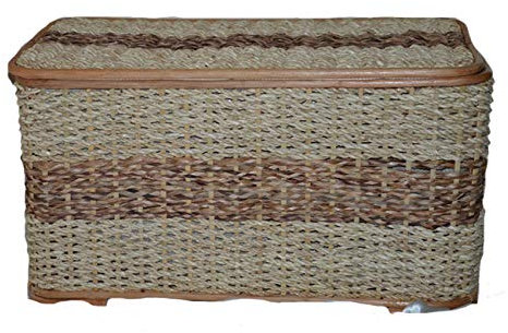 Baule in giunco intrecciato 77x44x45 cm con coperchio e fodera in textilene – Cesta contenitore rettangolare per biancheria, coperte e giochi – Arredo casa naturale stile shabby chic e rustico