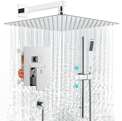 SR SUN RISE 12 Inch Slide Bar Shower System, Square Rain Shower Head and Handheld Spray, Wall Mounted Shower Faucets Sets Complete Included Valve and Shower Trim Kit, Polished Chrome