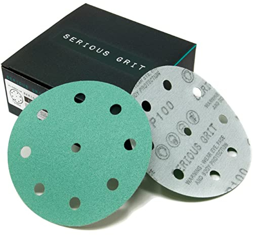 Serious Grit - 5-Inch 9-Hole P100 Grit Sanding Discs - 50 Pack Box