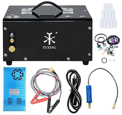 TUXING Pcp Air Compressor,4500Psi 30Mpa,Oil/Water-Free,Built-in Drain System,Powered by Car 12V DC or Home 110V AC with Adapter (Included),Pump for PCP Air Rifles and Airguns
