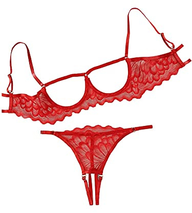Lilosy Women's Sexy Underwire Floral Lace Sheer Bachelorette Lingerie Set See Through Bra and Panty 2 Piece Red Medium