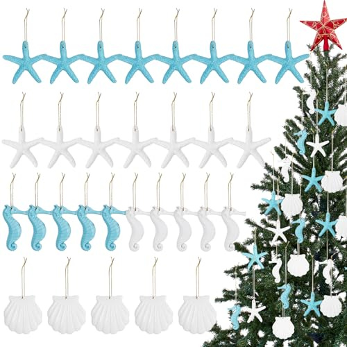 30 Adornos Colgantes con Temática de Océano Estrelllas de Mar de Dedo de Lápiz de Resina Surtidos Conchas de Mar Caballito de Mar con Cuerda Perforada para Decoración de Boda Navidad